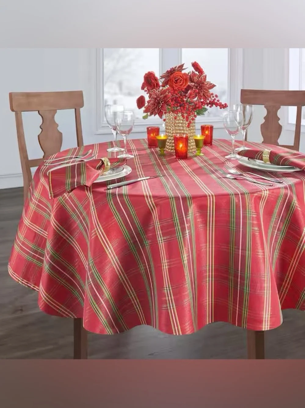 Home Dining Red Plaid Tablecloth with Green & Cream Accents